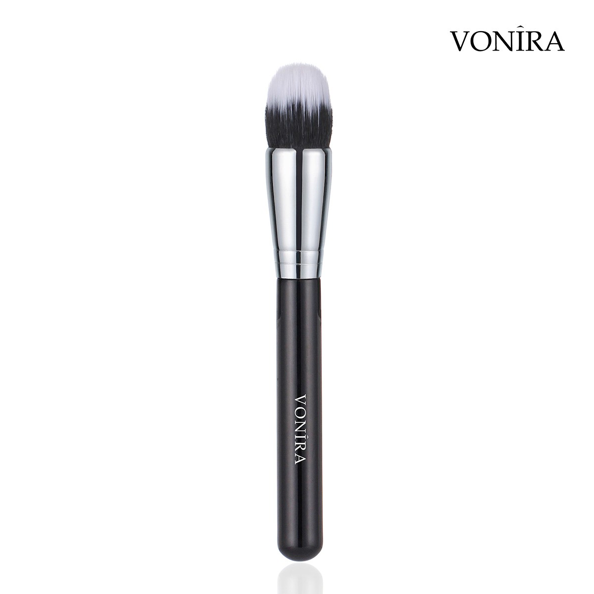Vonira Beauty Round Domed Duo-Fiber Foundation Buffing Brush With Silver Copper Ferrule Black Handle Custom Private Label