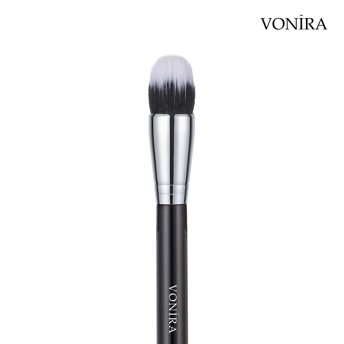 Vonira Beauty Round Domed Duo-Fiber Foundation Buffing Brush With Silver Copper Ferrule Black Handle Custom Private Label