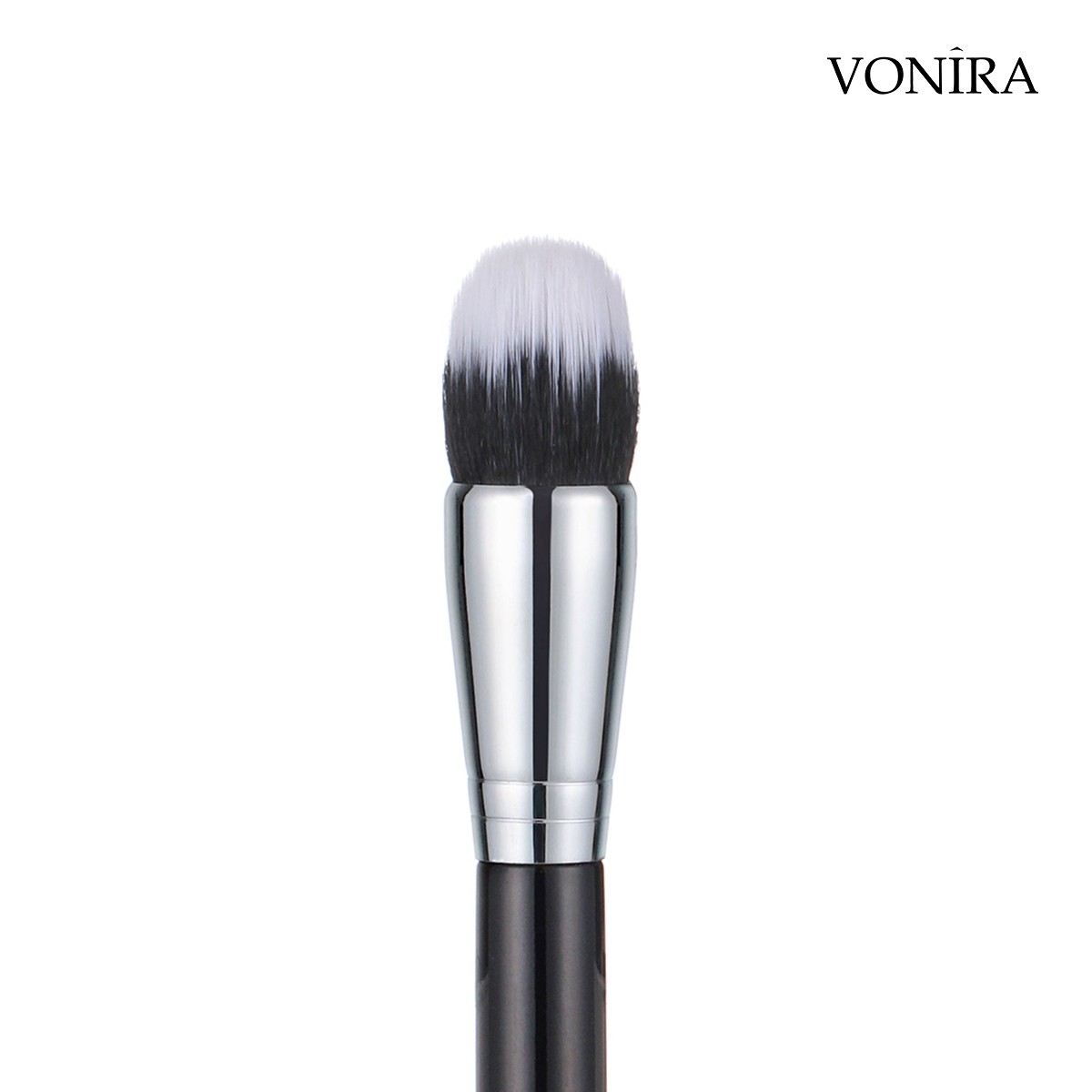 Vonira Beauty Round Domed Duo-Fiber Foundation Buffing Brush With Silver Copper Ferrule Black Handle Custom Private Label
