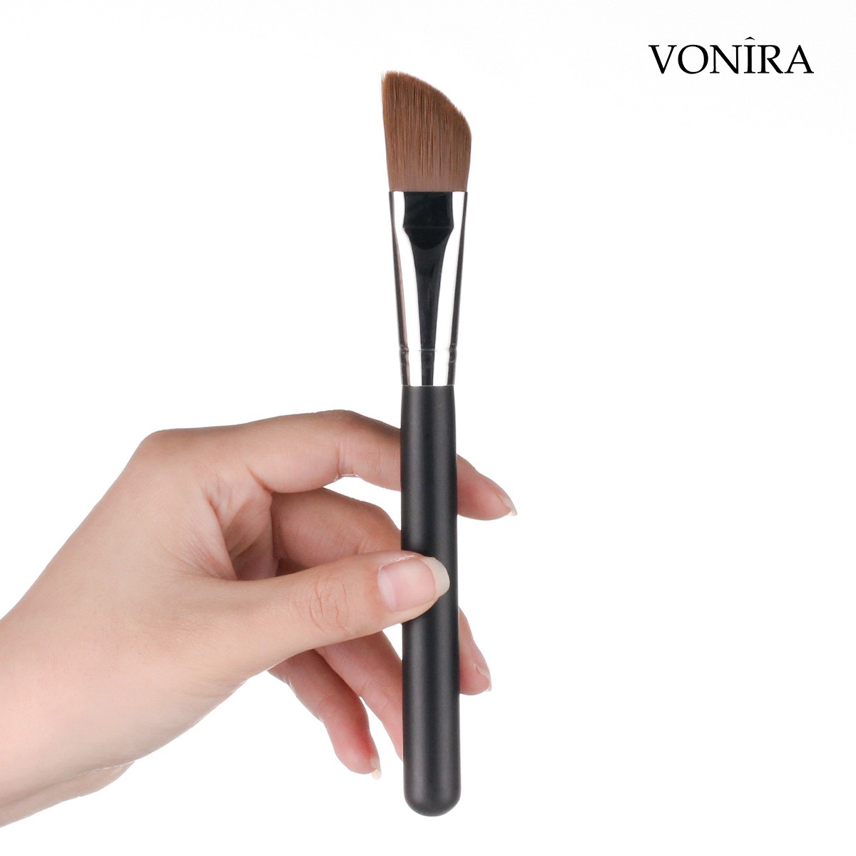 Vonira Beauty Wholesale Angled Foundation Makeup Brushes With Silver Copper Ferrule Black Handle Custom Private Label Service