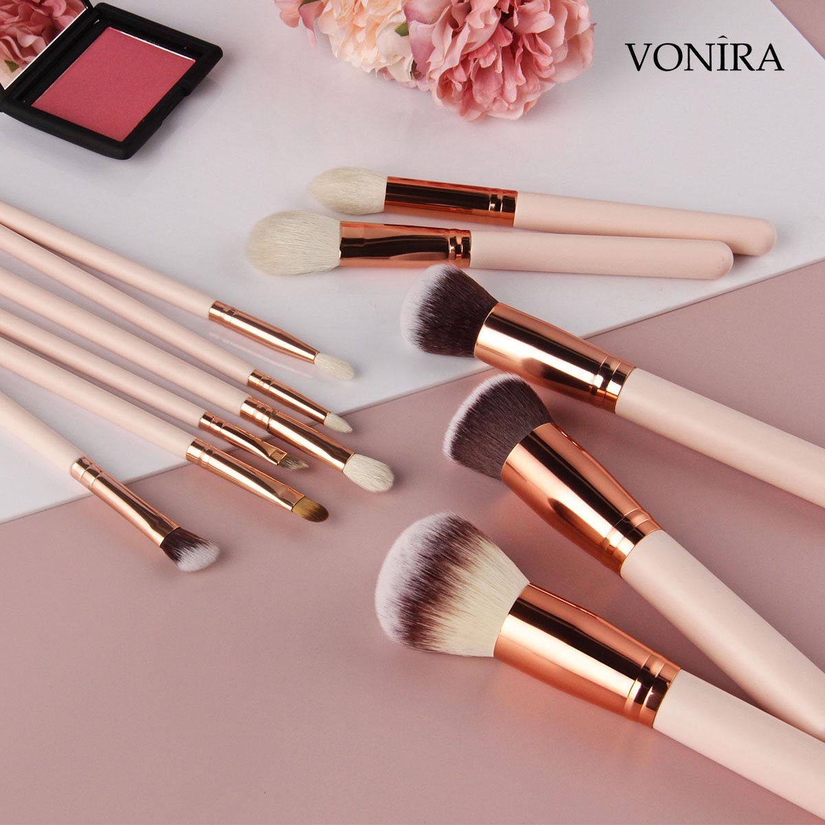 Vonira Wholesale OEM 12pcs Rosy Makeup Brushes Set With Natural Goat Highlighting Contour Eye Shadow Taklon Powder Face Makeup ODM Customized