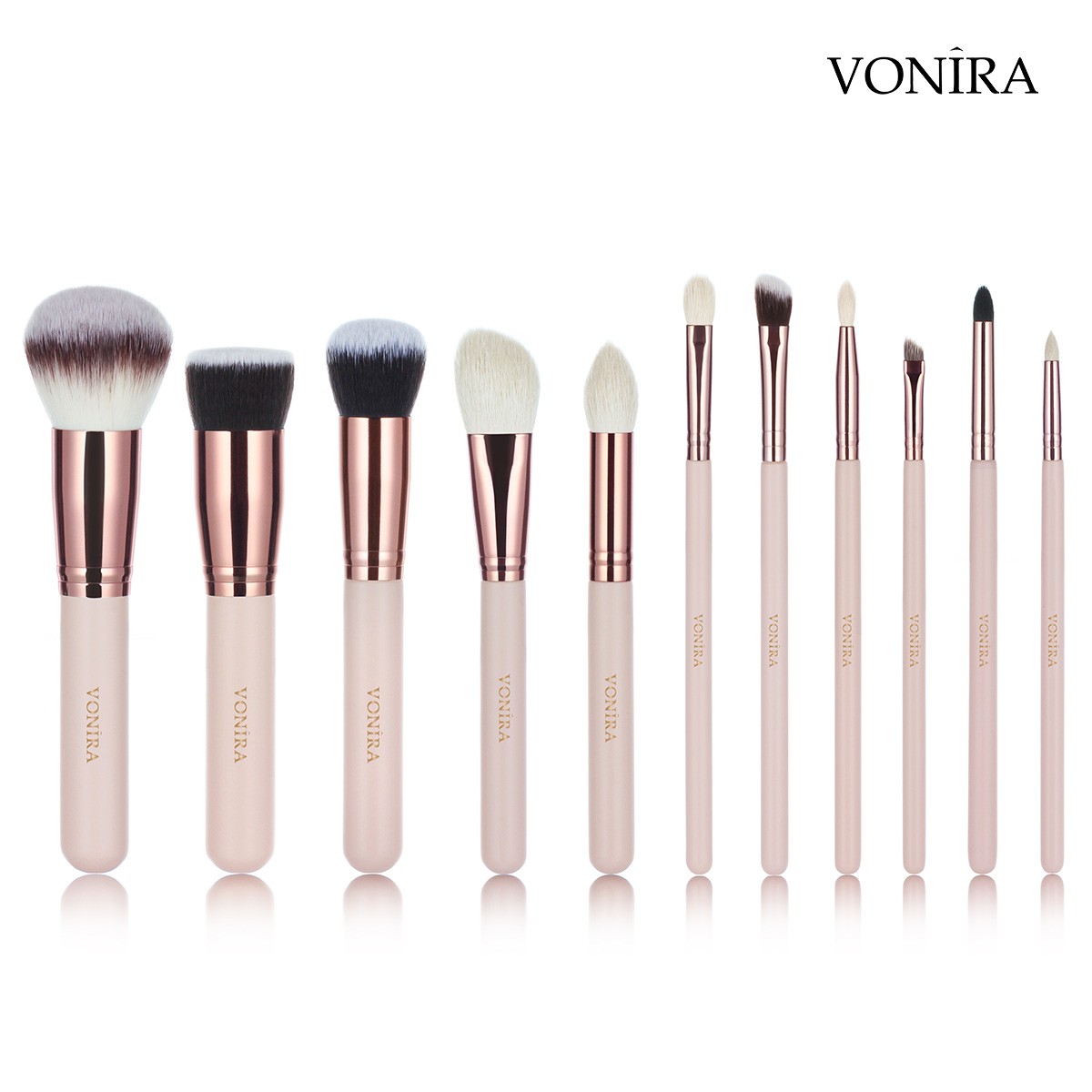 Vonira Wholesale OEM 12pcs Rosy Makeup Brushes Set With Natural Goat Highlighting Contour Eye Shadow Taklon Powder Face Makeup ODM Customized