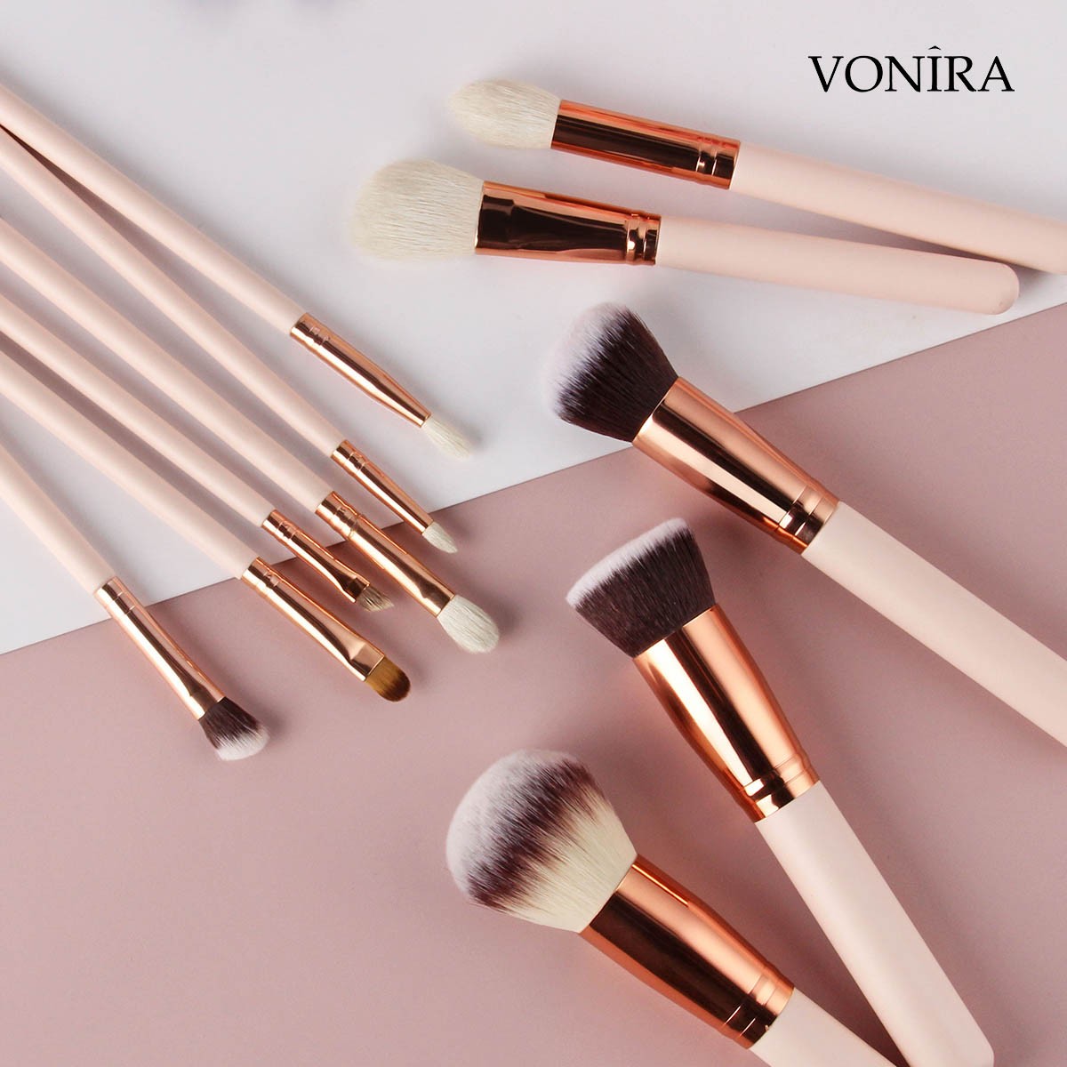 Vonira Wholesale OEM 12pcs Rosy Makeup Brushes Set With Natural Goat Highlighting Contour Eye Shadow Taklon Powder Face Makeup ODM Customized