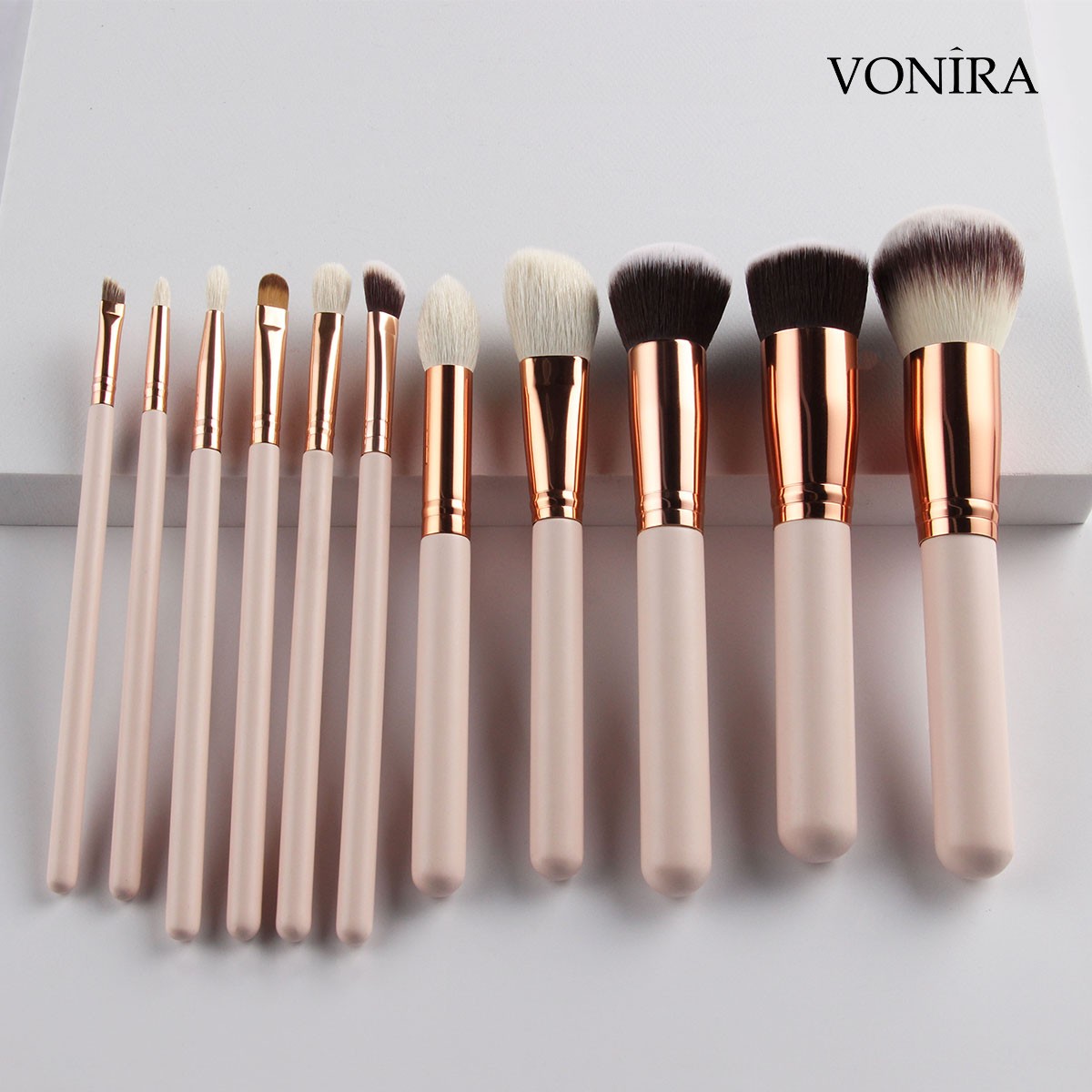 Vonira Wholesale OEM 12pcs Rosy Makeup Brushes Set With Natural Goat Highlighting Contour Eye Shadow Taklon Powder Face Makeup ODM Customized