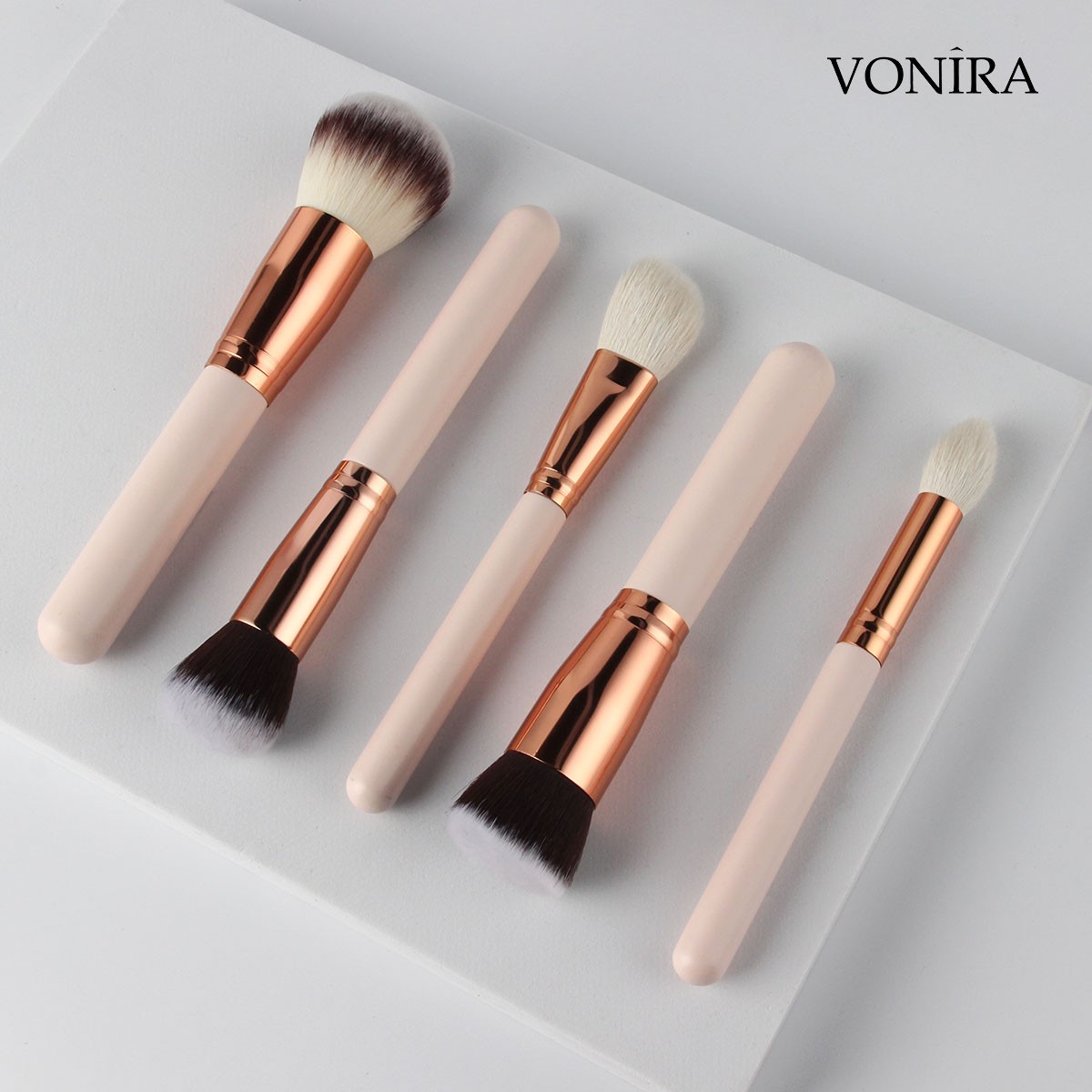 Vonira Wholesale OEM 12pcs Rosy Makeup Brushes Set With Natural Goat Highlighting Contour Eye Shadow Taklon Powder Face Makeup ODM Customized
