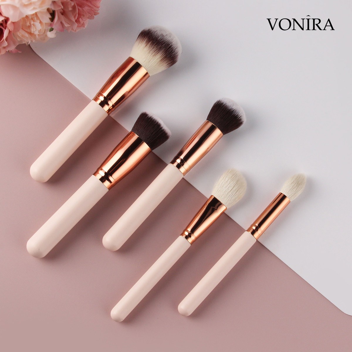 Vonira Wholesale OEM 12pcs Rosy Makeup Brushes Set With Natural Goat Highlighting Contour Eye Shadow Taklon Powder Face Makeup ODM Customized