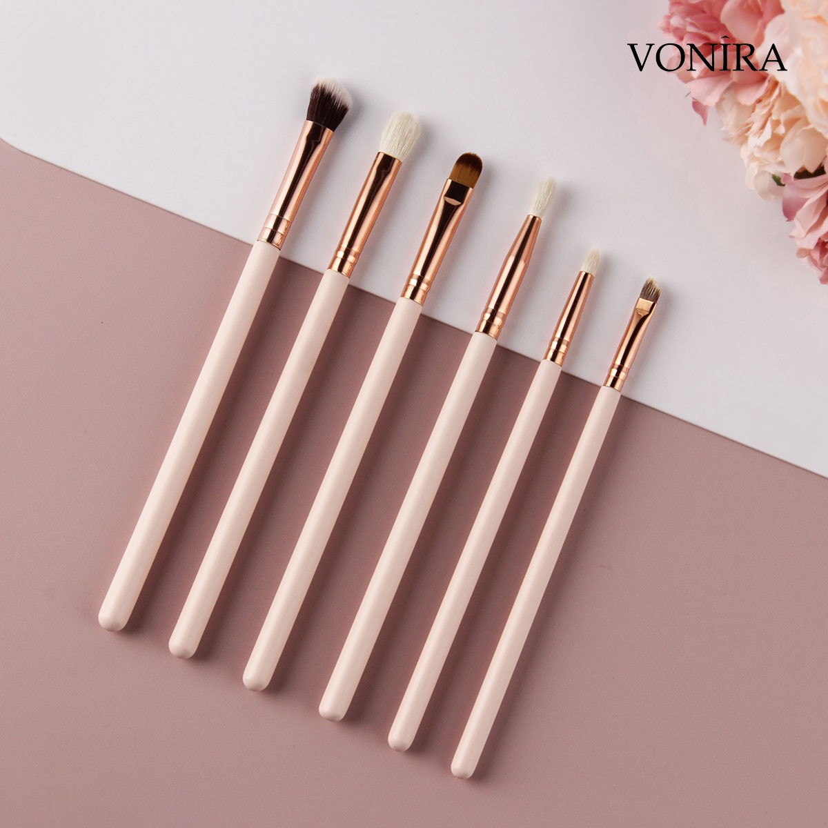 Vonira Wholesale OEM 12pcs Rosy Makeup Brushes Set With Natural Goat Highlighting Contour Eye Shadow Taklon Powder Face Makeup ODM Customized