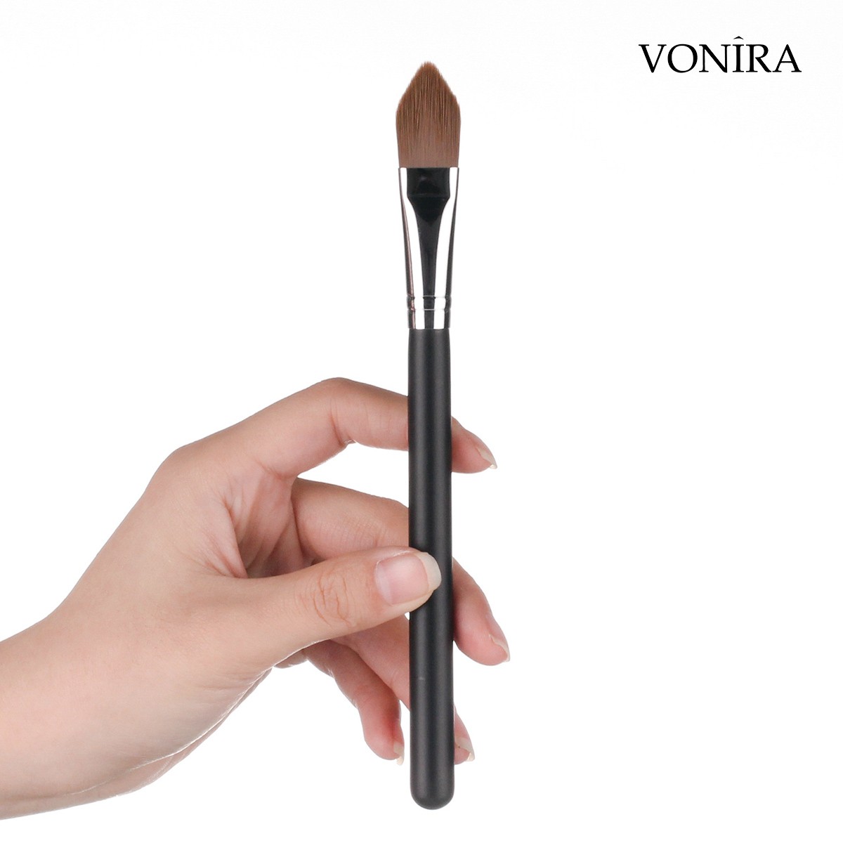 Vonira Beauty Wholesale Small Pointed Sharp Foundation Brush With Silver Copper Ferrule Black Handle Custom Private Label Service