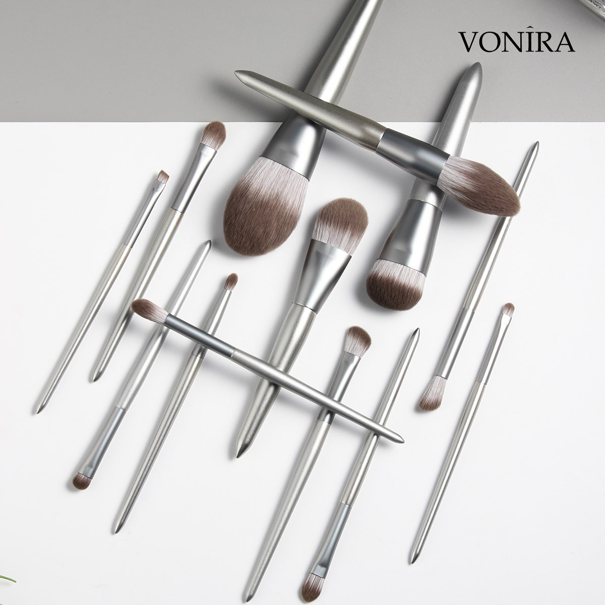 Vonira Custom Corn Fiber Makeup Brushes Set Private Label Make up Brushes 13Pcs New Arrival Silver Wooden Handle Professional Vegan Brushes