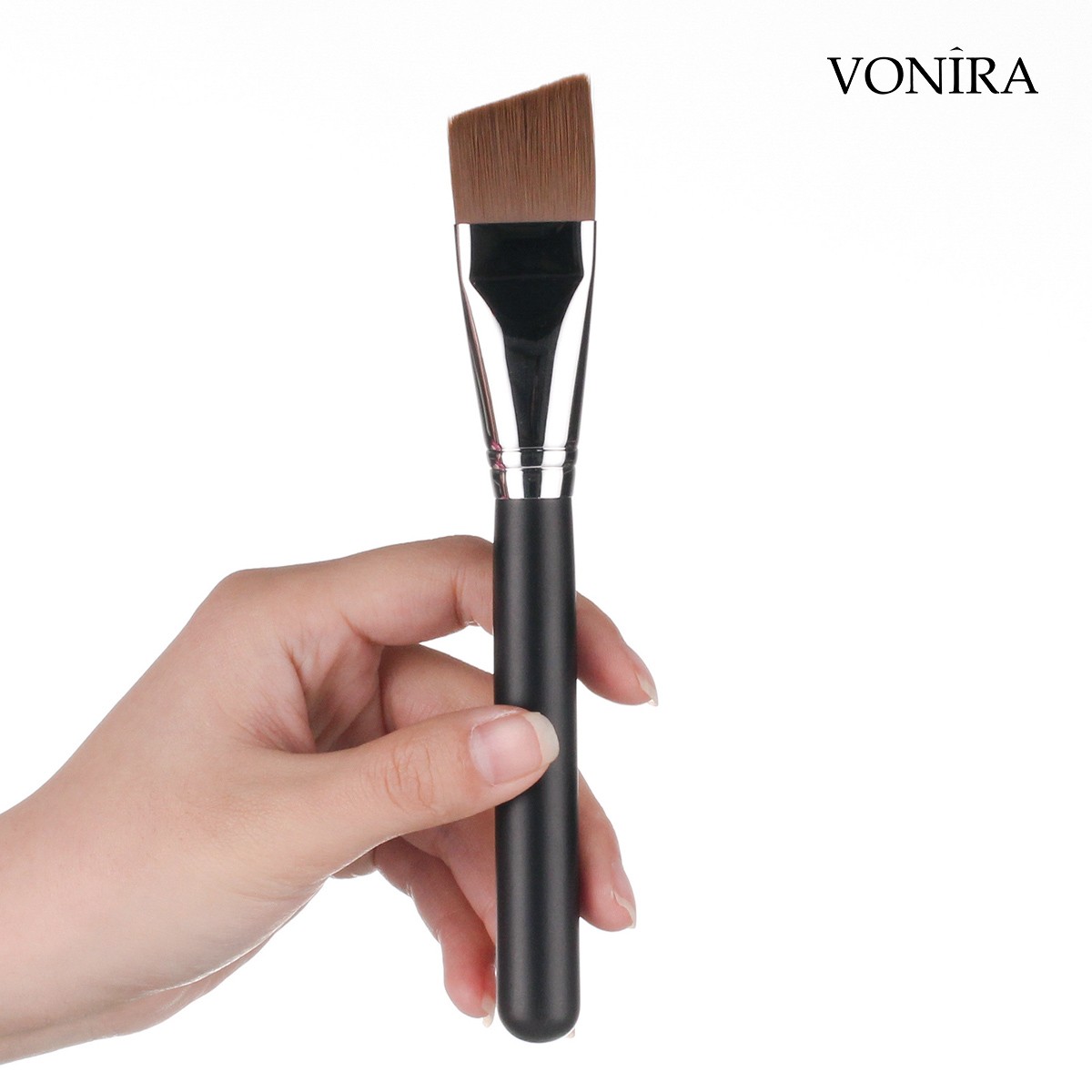 Vonira Beauty Wholesale Flat Angled Top Foundation Makeup Brush With Silver Copper Ferrule Black Handle Custom Private Label Service
