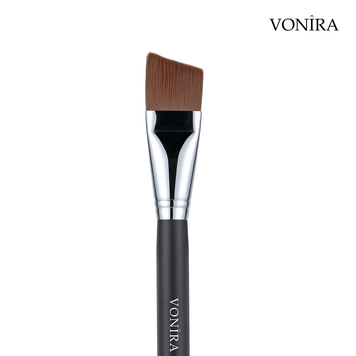 Vonira Beauty Wholesale Flat Angled Top Foundation Makeup Brush With Silver Copper Ferrule Black Handle Custom Private Label Service