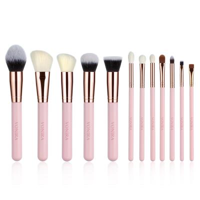 Vonira Wholesale Pink 12pcs Professional Makeup Brush Set Natural Goat Hair Premium Synthetic Face Powder Contour Blush Eye Make up Tools Kit