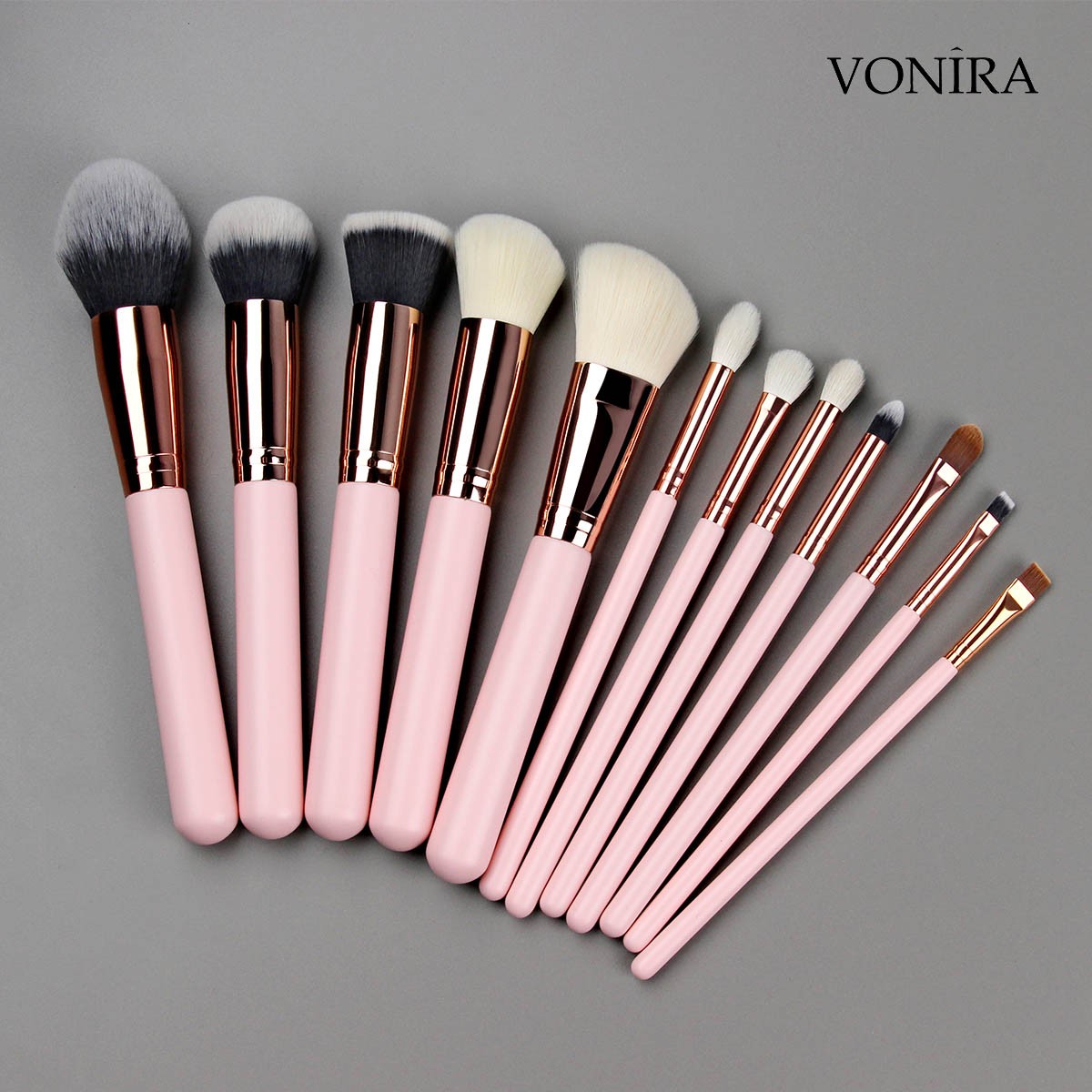 Vonira Wholesale Pink 12pcs Professional Makeup Brush Set Natural Goat Hair Premium Synthetic Face Powder Contour Blush Eye Make up Tools Kit