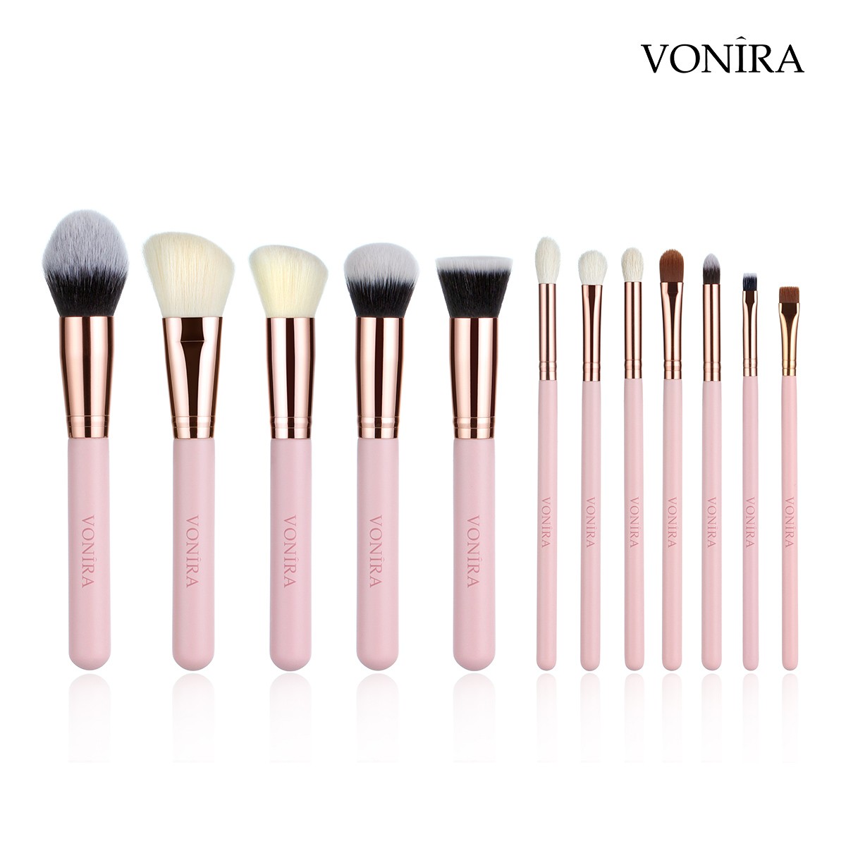 Vonira Wholesale Pink 12pcs Professional Makeup Brush Set Natural Goat Hair Premium Synthetic Face Powder Contour Blush Eye Make up Tools Kit