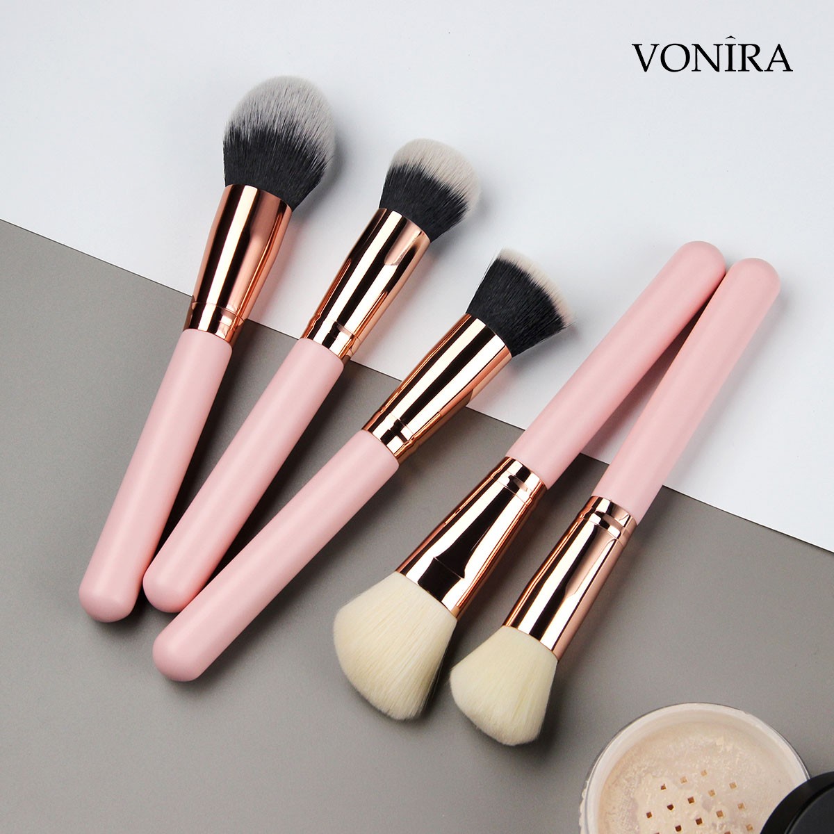 Vonira Wholesale Pink 12pcs Professional Makeup Brush Set Natural Goat Hair Premium Synthetic Face Powder Contour Blush Eye Make up Tools Kit